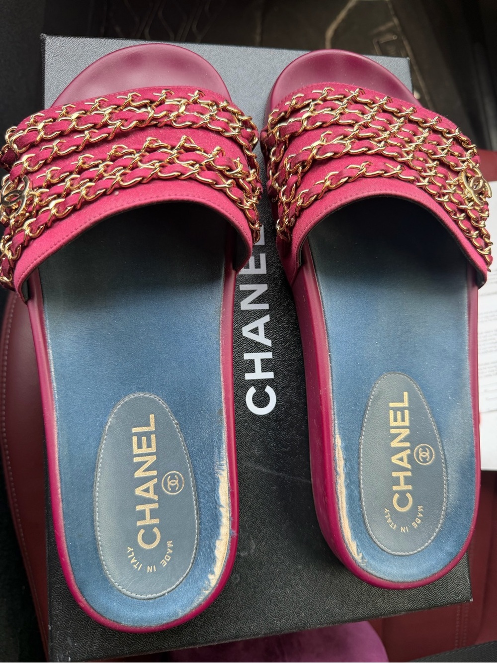CHANEL Pink Leather Slide Mules with Gold Chain Trim